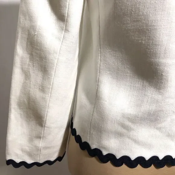 J Crew Linen Jacket Womens 2 White Blue Blazer Ric Rac Trim Career Office - Picture 12 of 15